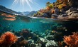 Underwater View of Coral Reef With Mountain in Background