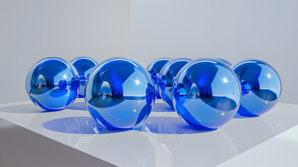 Sticker - a group of blue glass balls sitting on top of a white table next to each other on top of a white table with a reflection of the glass ball in the middle of the middle.