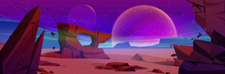 Wall Mural - alien planet background with rocky terrain. vector cartoon illustration of space desert landscape wi