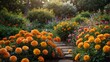 A peaceful garden in full bloom, showcasing a variety of flowers in every hue imaginable, from delicate roses to sun-kissed marigolds Generative AI