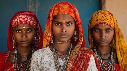 A close-up portrait of Three beautiful Young Indian women Wearing Saris, jewelry and looking at the camera against the blue background of the building.