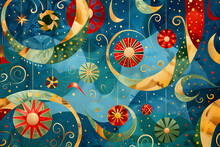 A Colorful And Festive Fabric Pattern Featuring Christmas Ornaments, Spirals, And Stars On A Textured Blue Background, Ideal For The Holiday Season.