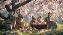 Three Audubons Cottontail Rabbits Are Standing Next To A Basket Of Easter Eggs In A Field Of Grass And Flowers AIG42E