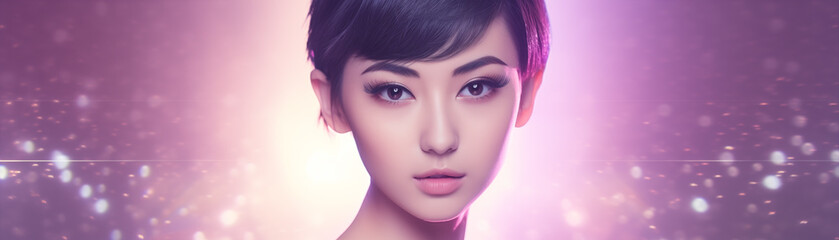 Wall Mural - Studio portrait of beautiful asian woman with short hair style on colour background