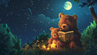 Mother bear reads a book to her baby before bedtime under the moon