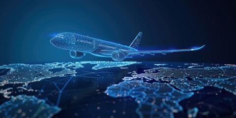 Abstract airplane, digital airliner and world map concept in dark blue background. Low poly mesh with points, lines