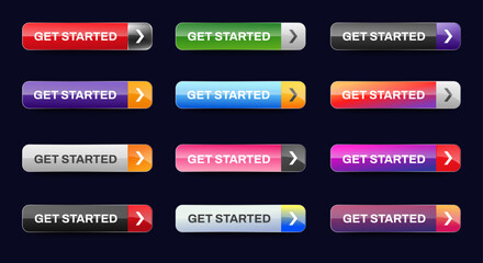 Wall Mural - Get started icon buttons design. Colorful Get Started button pack for website, ads, UI, and project. vector