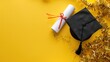 Arrangement with graduation cap Academic certificate on yellow background Graduation party concept