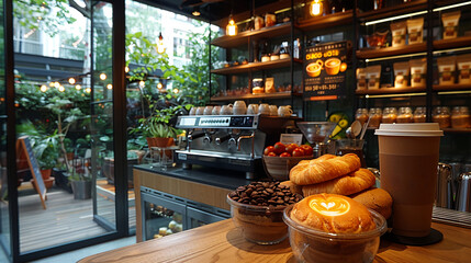 Wall Mural - Cozy coffee shop setup with fresh pastries and modern decor. Kafe aesthetic. Selective focus