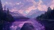 purple Lake landscape with mountains and a jetty, Purple hues over Derwent Water, Vibrant sunset with dramatic clouds and wooden jetty at Derwent water Lake in the Lake District, UK Ai generated 