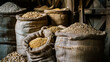 Assorted Grains, Burlap Sacks Stored in Warehouse. Farming, harvesting