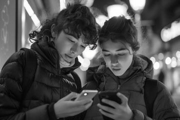 Wall Mural - Two young women using their smartphones in city at night, young adult, smart phone, smiling, people