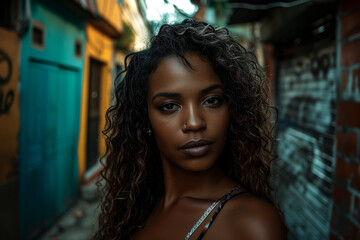 Powerful portrait of a Brazilian woman with striking eyes and curly hair against a textured urban background, exuding strength and depth.