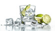 Glass of tequila with lime and ice cubes on white background, fruit, citrus fruit, liquid, lemon, drinking glass