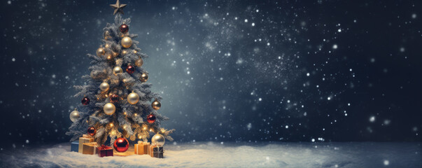 Wall Mural - Beautiful christmas tree in dark background. Free space for text