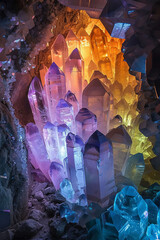 Canvas Print - a cluster of crystals in a cave with a rainbow of colors
