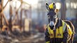 Against the blurred outlines of a construction site, a donkey in a safety jacket and yellow helmet stands alert, epitomizing the essence of World Safety Day.