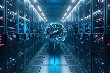 brain in center of data center room , AI server