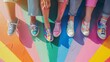 Trendy Footwear on a Rainbow of Colors. A vibrant close-up captures Gen Z's feet in various colorful sneakers against a painted rainbow backdrop, embodying youth culture's vibrant fashion sense.