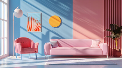 Two mock-up frames of art posters are placed next to a pink sofa and chair. Interior design of a modern living room in the postmodern Memphis style