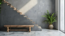 Wooden Bench Next To The Stairwell And Grey Wall. Scandinavian Modern Entryway Decor Design With A Rustic Farmhouse Feel.