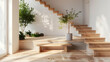 Wooden stairs and bench. Modern interior design of entryway of a house