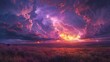 A beautiful, colorful sky with a stormy, dramatic look. The sky is filled with clouds and lightning bolts, creating a sense of awe and wonder. The scene is set in a vast, open field, with the clouds