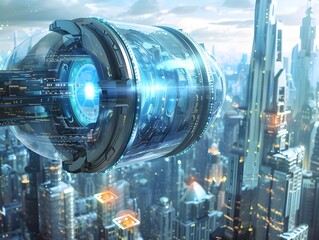 Poster - Futuristic Digital Teleportation Capsule Activated in a Surreal Cityscape Bending Dimensions with Quantum Mechanics