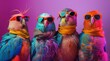 Fashionable avian portrait series. Four vibrant parrots sporting colorful feathers, stylish sunglasses, and chic scarves against a bright purple background, exuding personality and quirky charm.
