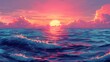 A beautiful sunset over the ocean with a wave in the water. The sky is filled with clouds and the sun is setting