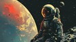 A man in a space suit is sitting on a rock in front of a planet. The image has a dreamy, otherworldly feel to it