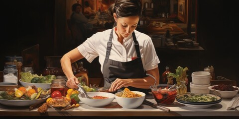 A painting depicting a woman engaged in food preparation within a kitchen setting.