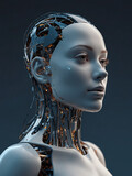 Fototapeta Kwiaty - Futuristic Robot Female, Side View of Technological Wonder on Blue Background