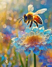 A Honey Bee Flying Over Mosaic Shaped Glass Flowers As The Sun Goes Down In The Background
