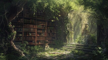 Wall Mural - An ancient library in a hidden forest, overgrown with ivy, books filled with forgotten lore, mystical ambiance, sunlight filtering through leaves. Resplendent.