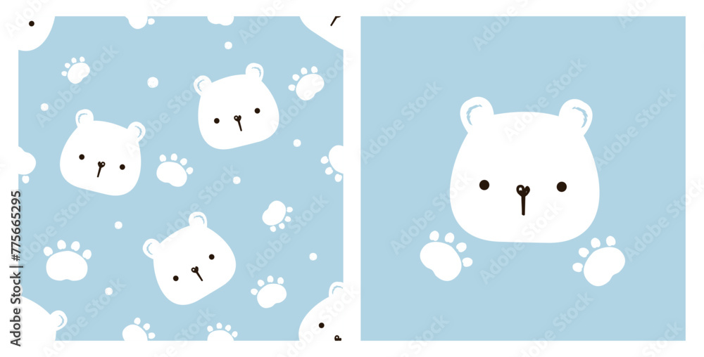 Seamless pattern with white bear and paw print on blue backgrounds ...