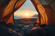 Beautiful Icelandic landscape seen from the tent. Tourist enjoying scenic view from inside the tent at campsite in Iceland