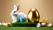 Podium with Easter bunny with golden egg on green grass. 3d render