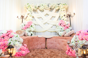 Wall Mural - Decorations for wedding ceremony. Wedding rreception set up. The Wedding Decorations. Selective focus.