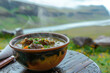Traditional Icelandic lamb soup (Kjotsupa) in an outdoor cafe in Iceland.