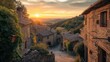 The warm glow of sunset bathes an old Tuscan village, with its historic stone buildings and rolling hills in the background. Resplendent.