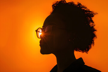 Wall Mural - a silhouette of a person wearing glasses against a bright orange background with the sun shining through the lens of the person's head to the left of the image.
