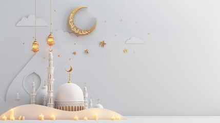 muslim festival eid mubarak banner with 3d crescent design white background