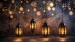 Islamic greeting Eid Mubarak cards for Muslim Holidays. Eid-Ul-Adha festival celebration. Arabic Ramadan Lantern .Decoration lamp, Blurred background, golden bokeh lights. Eid ul Fitr  ai generated 