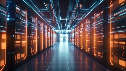 Canvas Print - Long Hallway With Rows of Servers, A Visual Representation of Robust Data Storage, Shot of Corridor in Working Data Center Full of Rack Servers and Supercomputers with Cloud Storage, AI Generated