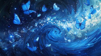 Wall Mural - minimalist starry night in a completely blue and vibrant universe with blue butterflies