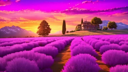 Wall Mural - Lavender field at sunset in Provence, France, A captivating sunset over a picturesque lavender field, AI Generated