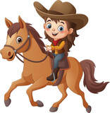 Fototapeta Dinusie - Cartoon young cowgirl riding on a horse