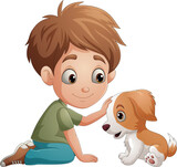 Fototapeta Dinusie - Cartoon boys stroke a puppy