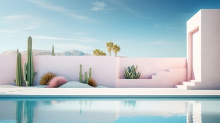 tourist background, blue water of the pool against the background of the snow-white walls of a luxury hotel with cacti